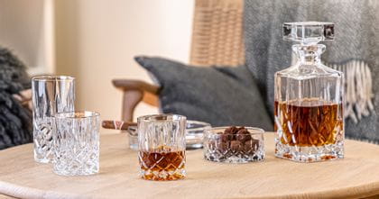 The NACHTMANN Noblesse tumbler with golden rim filled with whisky next to the bowl filled with snacks and the whisky decanter filled with whisky. All of them on a wooden table in front of a bench.<br/>