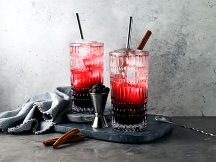 Two NACHTMANN Ethno long drink glasses filled with a black and red cocktail, garnished with cinnamon stick